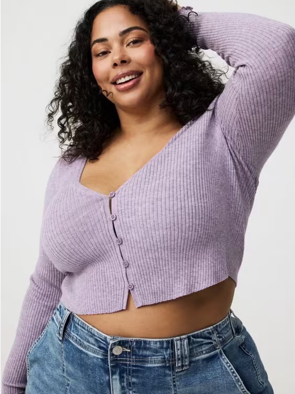 torrid Lilac Ribbed V-Neck Button-Crop Cardigan